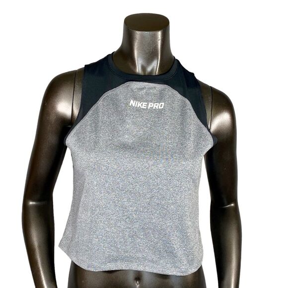 Nike Women's Pro Tight Fit Training Top Size Juniors LG Cropped Style Black Gray - Picture 1 of 4